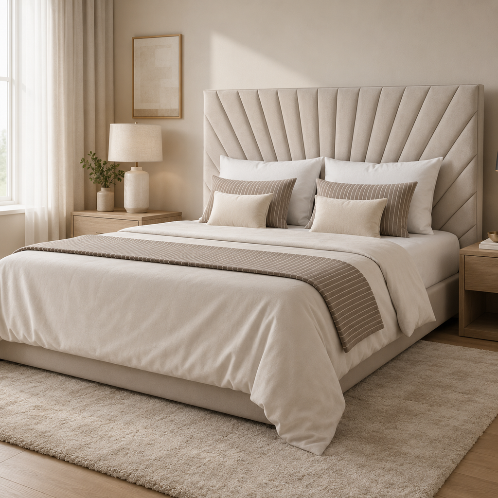 Luxury upholstered bed with tufted headboard, neutral bedding, and modern bedside tables in cozy bedroom