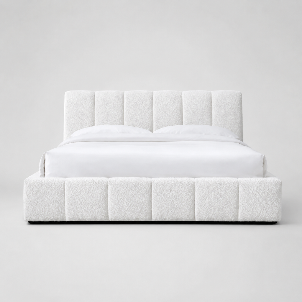 White luxury upholstered bed with tufted headboard and base, modern bedroom furniture