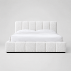 White luxury upholstered bed with tufted headboard and base, modern bedroom furniture