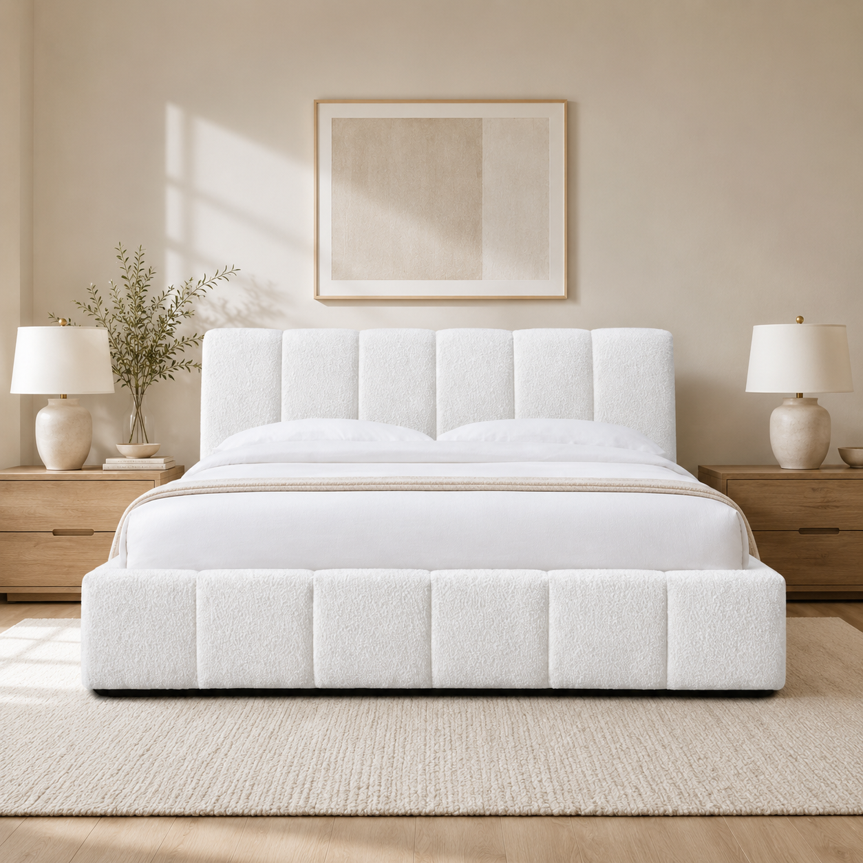 Luxury white upholstered bed with tufted headboard and base, styled in modern bedroom with wooden nightstands