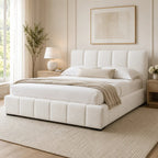 Luxury white bouclé bed frame with tufted headboard in modern bedroom, cozy bedding and natural light