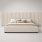 Luxury beige upholstered bed with tall tufted headboard and neutral bedding, modern bedroom furniture