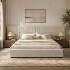Luxury beige upholstered bed with tufted headboard, neutral bedding, and matching nightstands in modern bedroom