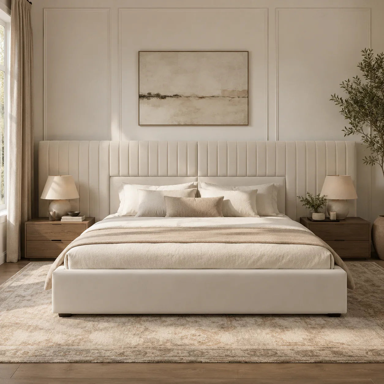 Luxury beige upholstered bed with tufted headboard, neutral bedding, and matching nightstands in modern bedroom