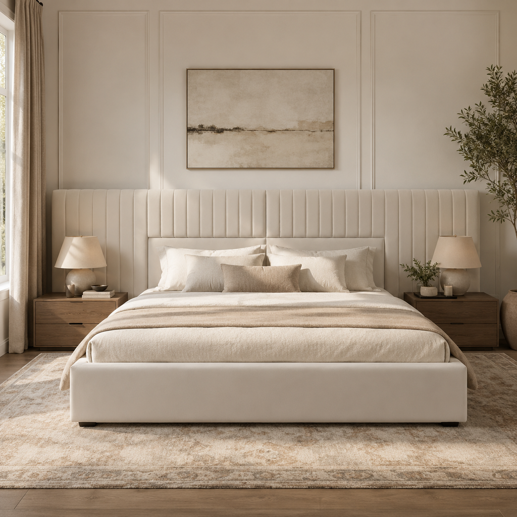 Luxury beige upholstered bed with tufted headboard in modern bedroom, perfect for UK homes