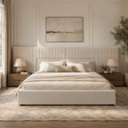 Luxury beige upholstered bed with tufted headboard in modern bedroom, perfect for UK homes