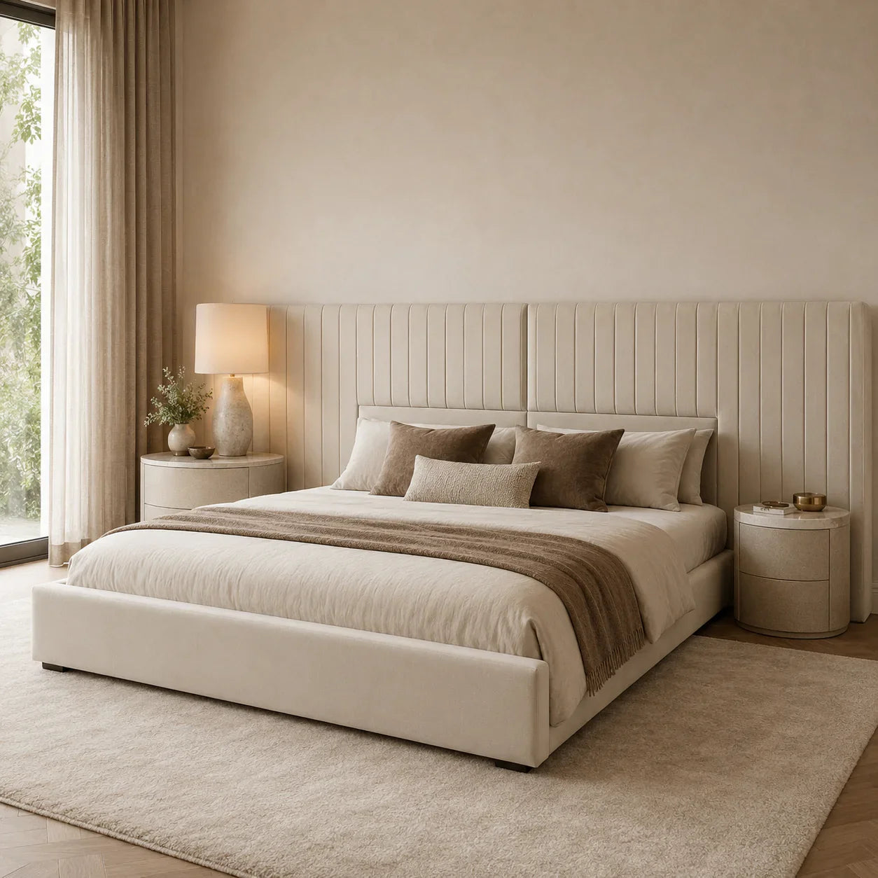 Luxury beige upholstered bed with tufted headboard, neutral bedding, and matching nightstands in modern bedroom