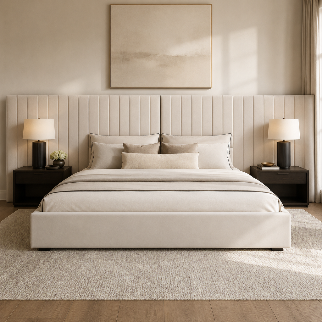 Luxury upholstered bed with tufted headboard, neutral bedding, and modern nightstands in serene bedroom