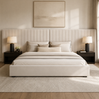 Luxury upholstered bed with tufted headboard, neutral bedding, and modern nightstands in serene bedroom