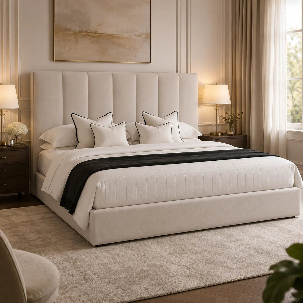 Luxury upholstered bed with tufted headboard, white bedding, and black throw in elegant bedroom