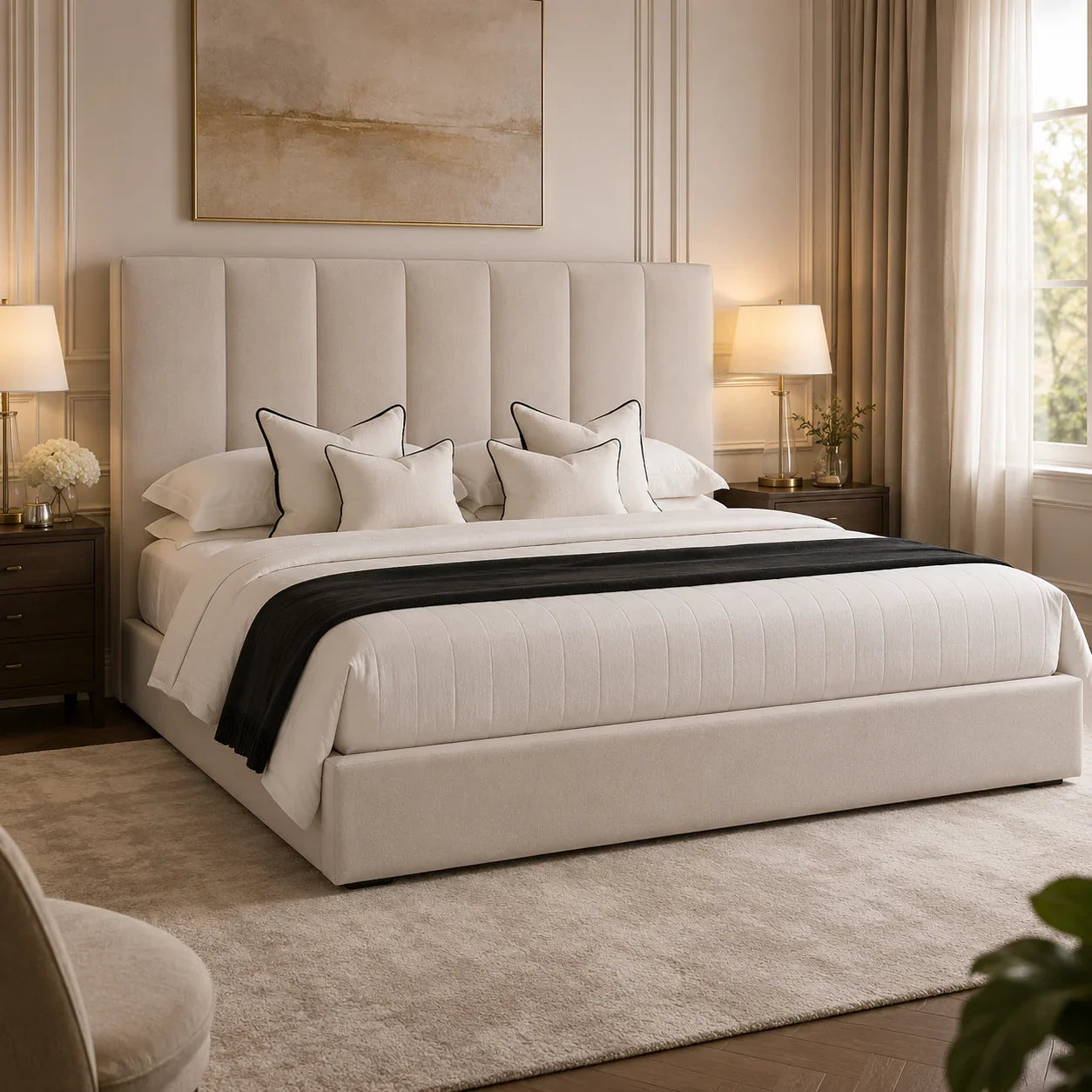 Luxury upholstered bed with tufted headboard, white bedding, and black throw in elegant bedroom