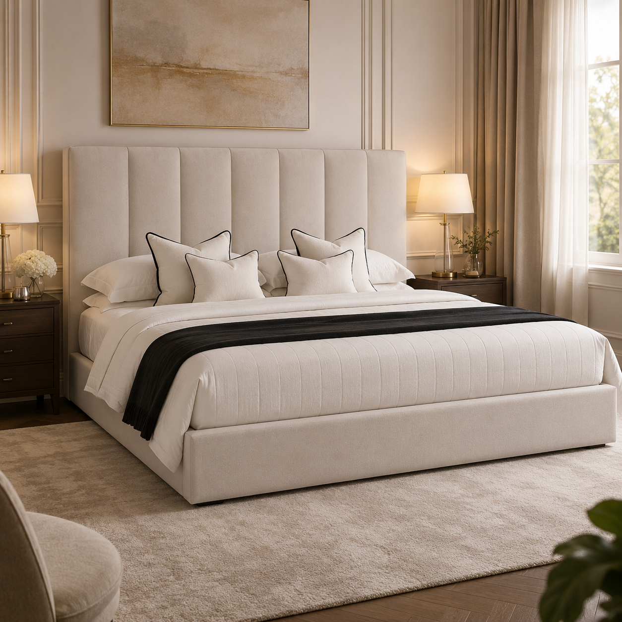 Luxury upholstered bed with tufted headboard, white bedding, and black throw in elegant bedroom
