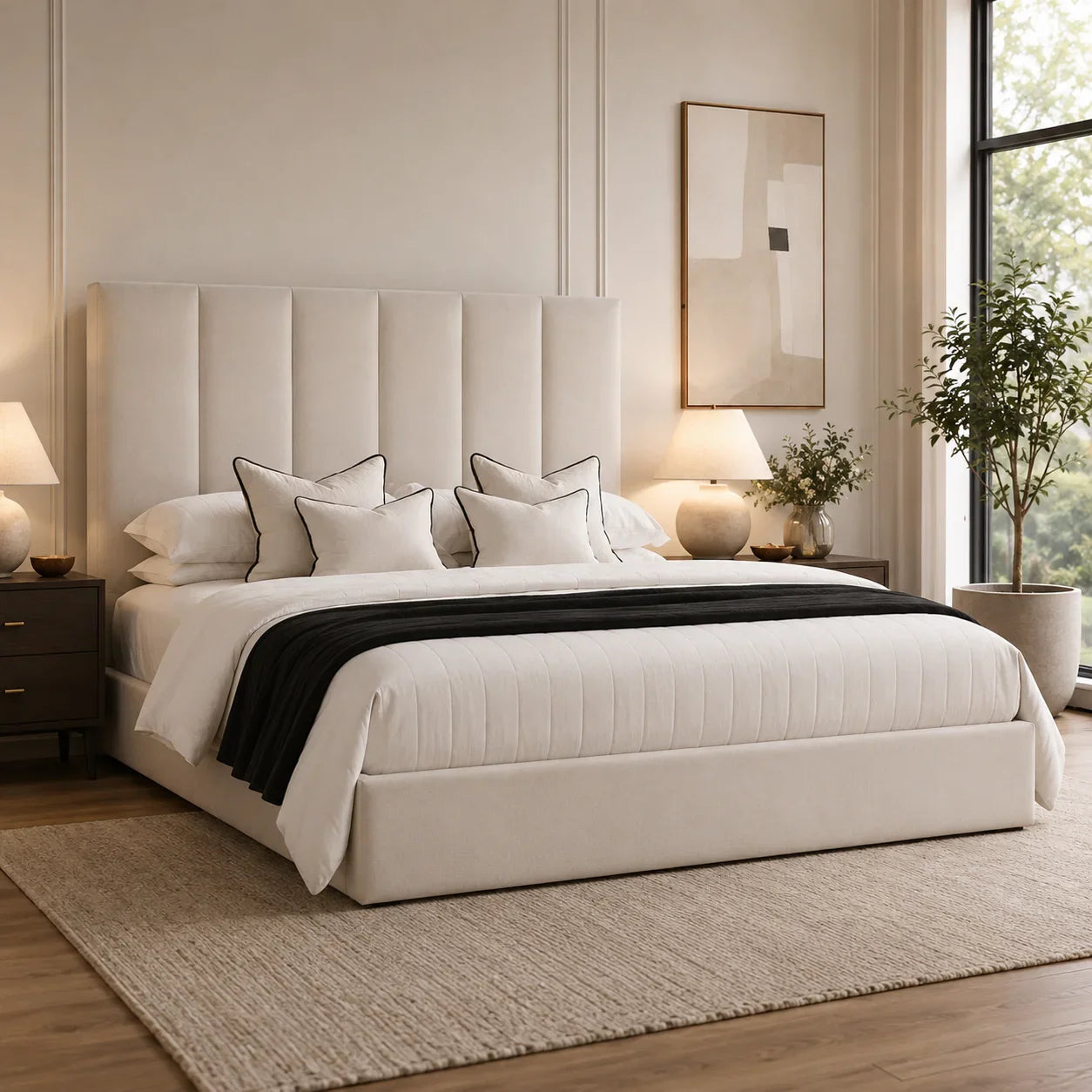 Luxury upholstered bed with tufted headboard, white bedding, and black throw in modern bedroom