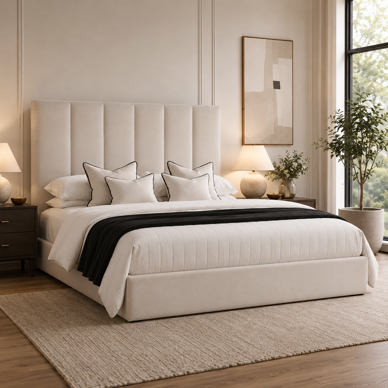 Luxury upholstered bed with tufted headboard, white bedding, and black throw in modern bedroom