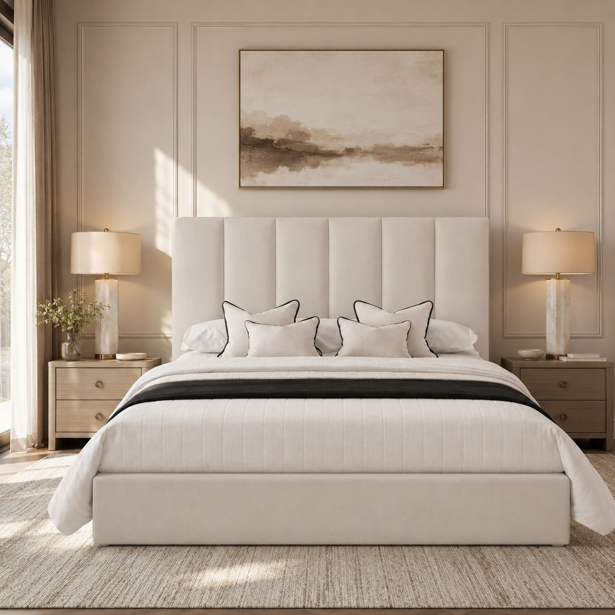 Luxury upholstered bed with tufted headboard, neutral bedding, and matching nightstands in modern bedroom