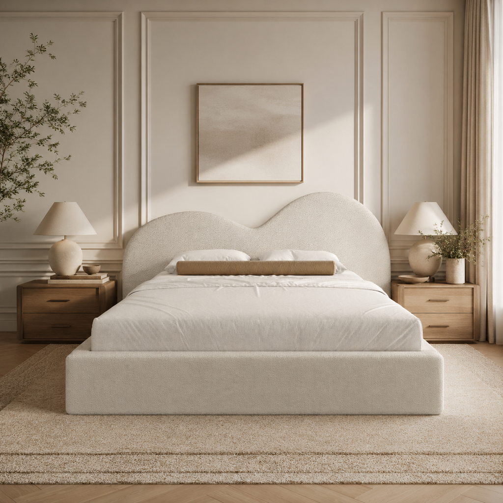 Luxury upholstered bed with curved headboard in neutral bedroom, perfect for modern UK homes