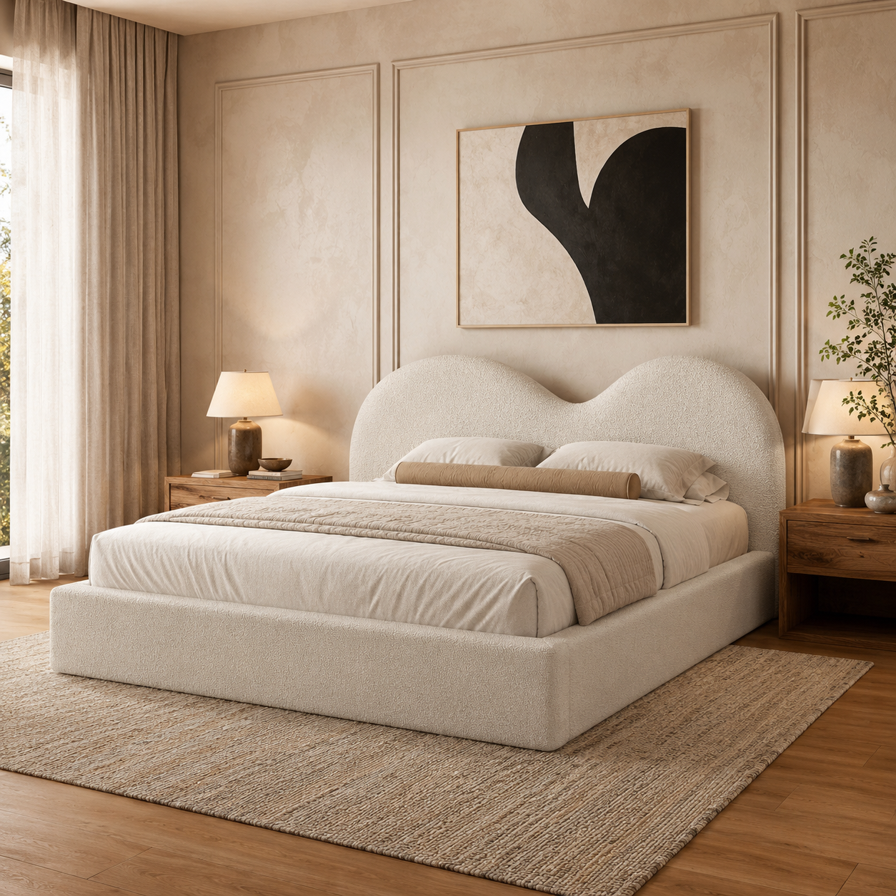 Luxury beige upholstered bed with curved headboard in modern bedroom, perfect for UK homes