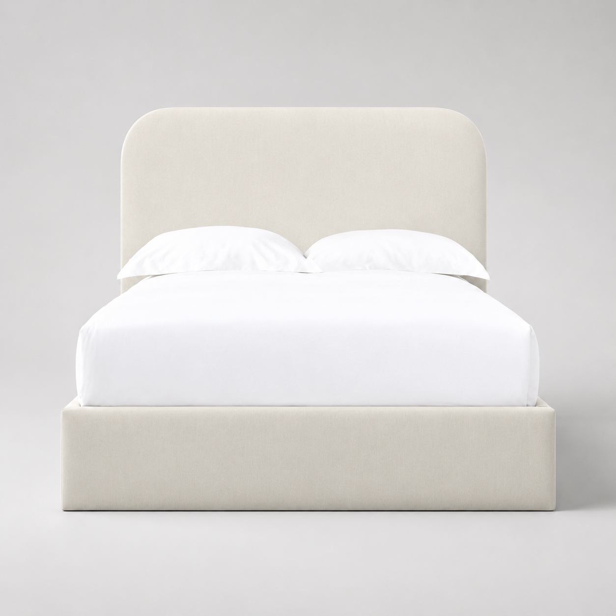Luxury upholstered bed frame with white bedding, modern minimalist design for contemporary bedrooms
