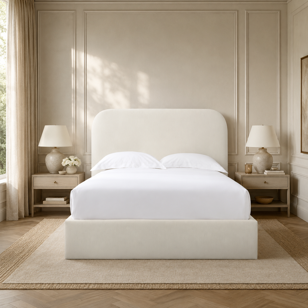 Luxury upholstered bed with white linens in elegant bedroom, featuring panelled walls and matching nightstands
