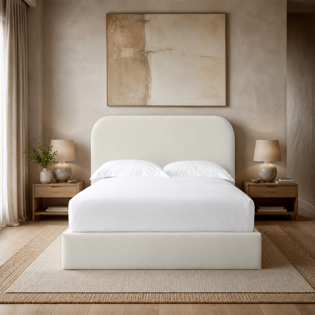 Luxury upholstered bed with white linens in modern bedroom, ideal for UK home interiors