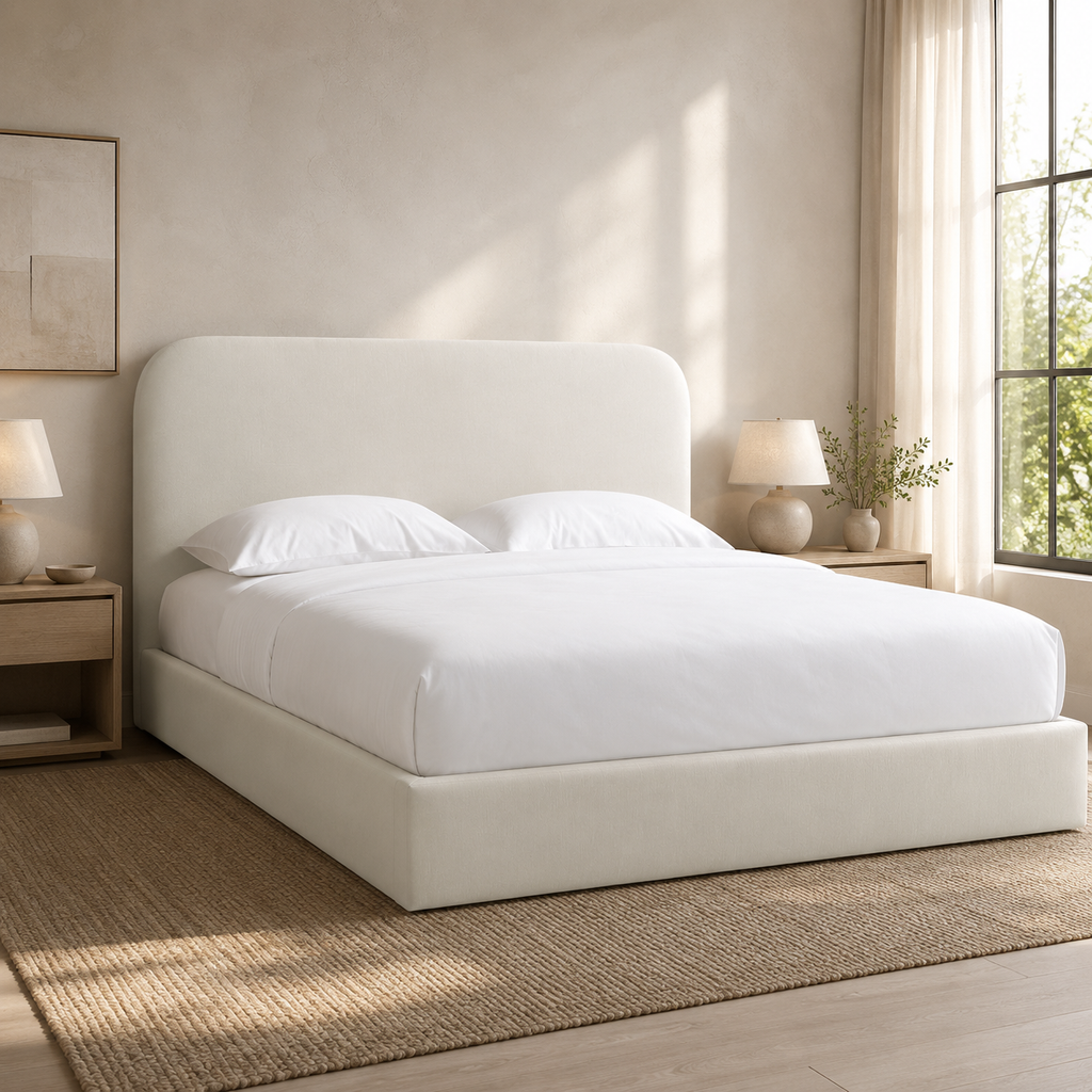Luxury upholstered bed with white linens in modern bedroom, ideal for UK homes