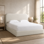Luxury upholstered bed with white linens in modern bedroom, ideal for UK homes