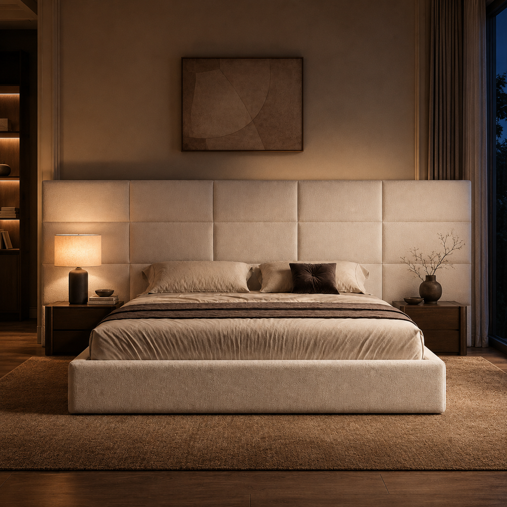 Luxury upholstered bed with tufted headboard in modern bedroom, ideal for UK homes