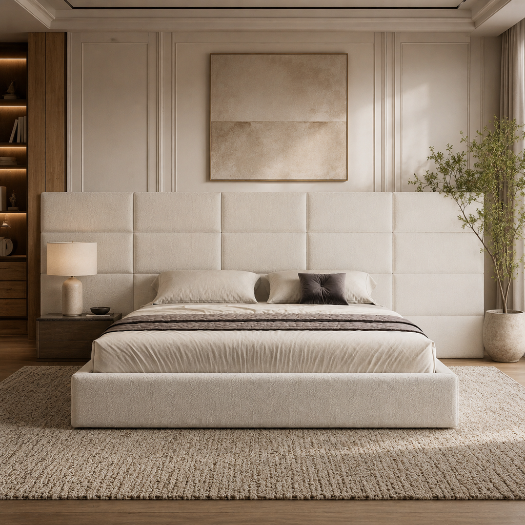 Luxury upholstered bed with tufted headboard in modern bedroom, neutral tones, cozy bedding