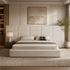 Luxury upholstered bed with tufted headboard in modern bedroom, neutral tones, cozy bedding