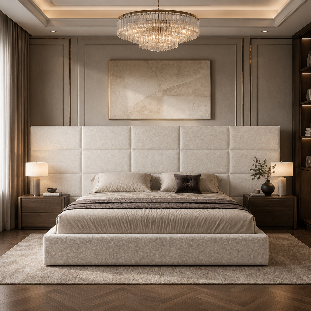 Luxury upholstered bed with tufted headboard in modern bedroom, crystal chandelier, wooden nightstands