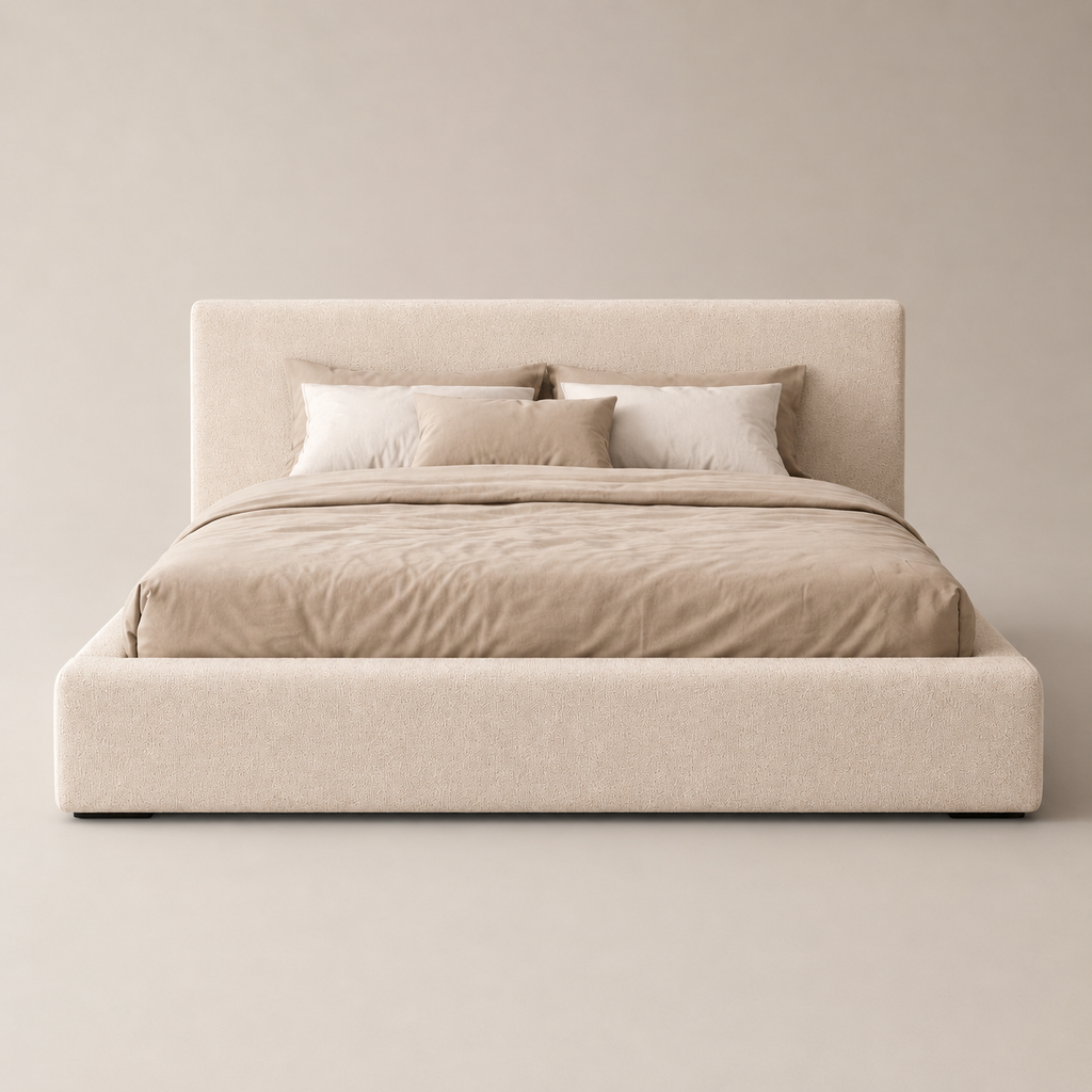 Luxury upholstered bed frame with neutral bedding, modern minimalist design for contemporary bedrooms