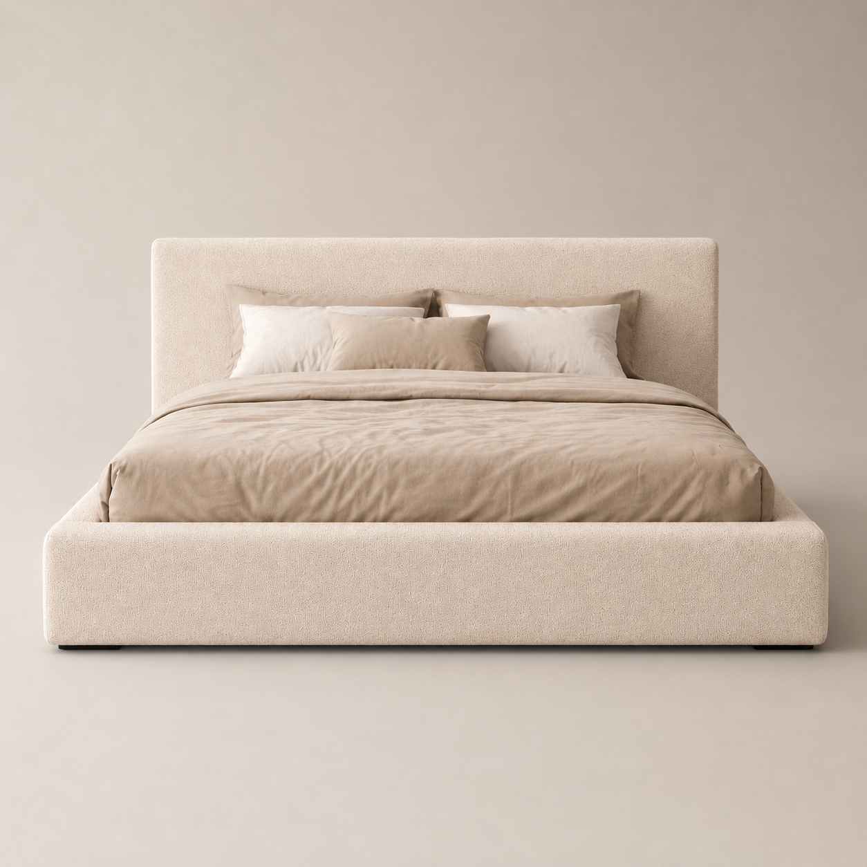 Luxury upholstered bed frame with neutral bedding, modern minimalist design for contemporary bedrooms