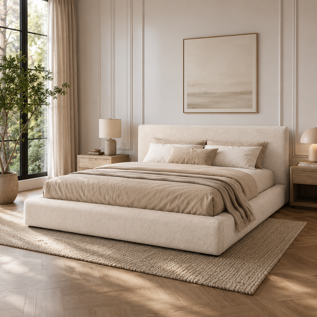 Luxury beige upholstered bed with matching bedding in modern bedroom, ideal for UK homes