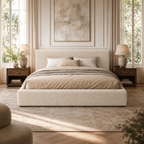 Cream velvet ruffle pillow on luxury bed with quilted bedding and neutral headboard