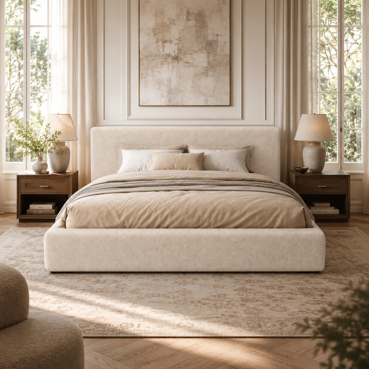 Cream velvet ruffle pillow on luxury bed with quilted bedding and neutral headboard