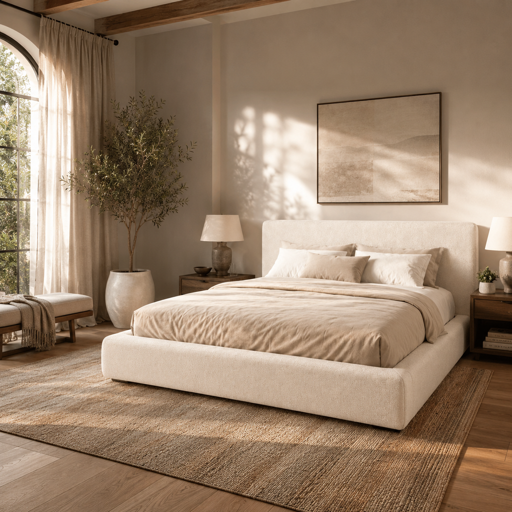 Luxury upholstered bed in neutral tones, styled in a sunlit bedroom with wooden beams and natural textures.