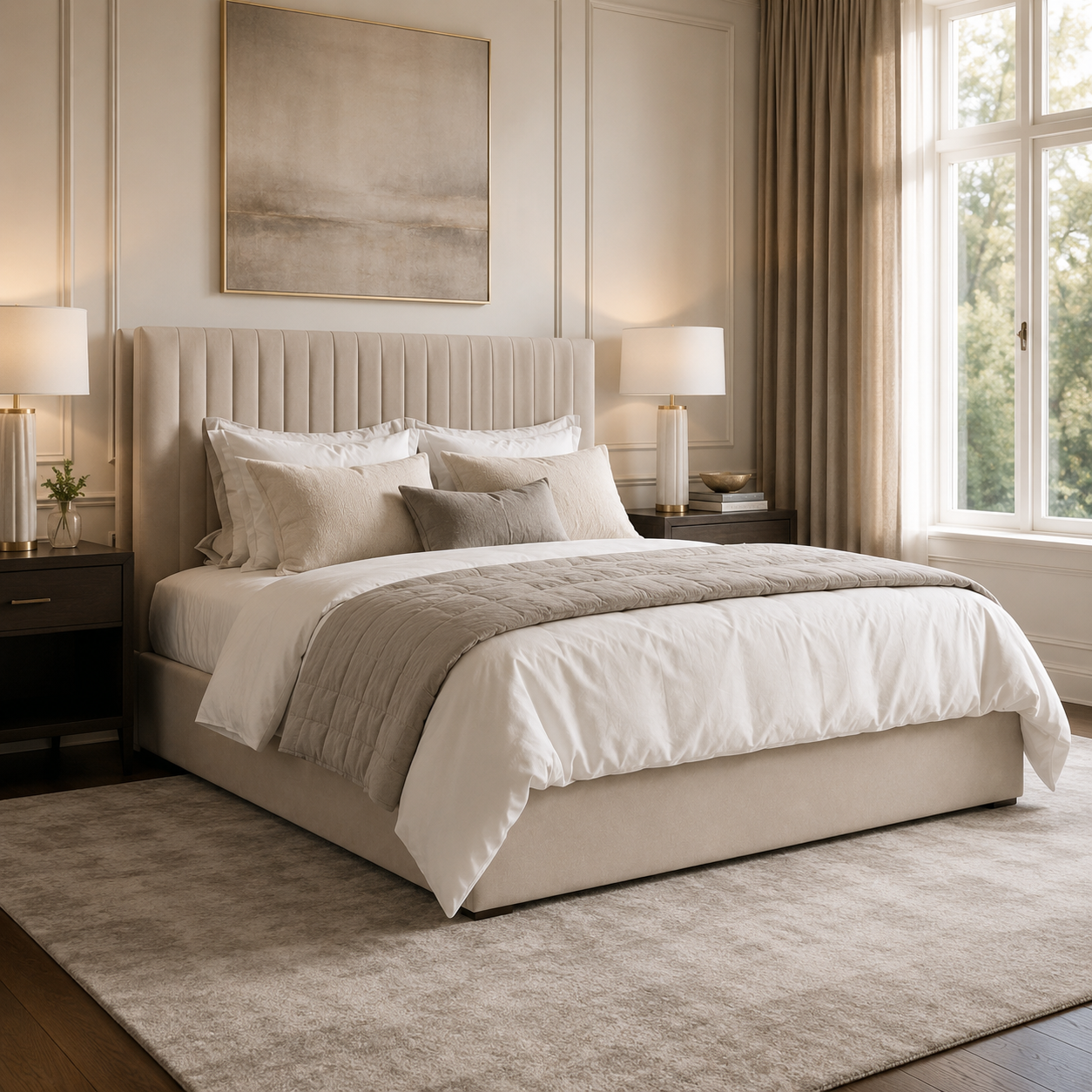 Luxury upholstered bed with tufted headboard, neutral bedding, and modern bedside lamps in a bright bedroom