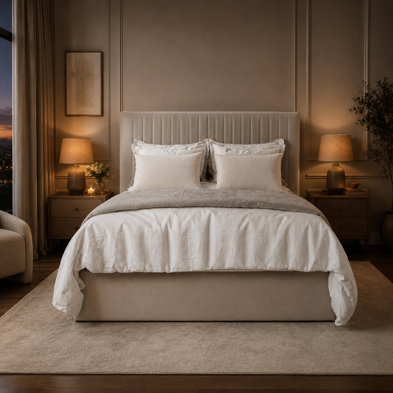 Luxury upholstered bed with tufted headboard, neutral bedding, and warm bedside lamps in modern bedroom