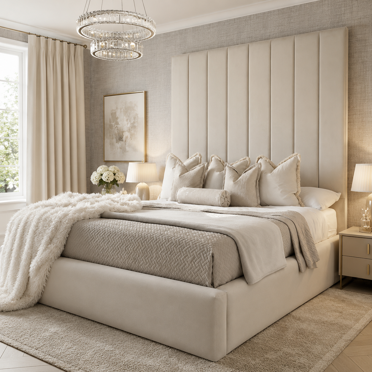Luxury beige upholstered bed with tufted headboard, plush bedding, and crystal chandelier in modern bedroom