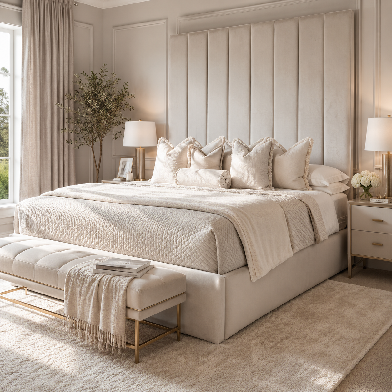 Luxury beige upholstered bed with tufted headboard, plush pillows, and matching bench in serene bedroom