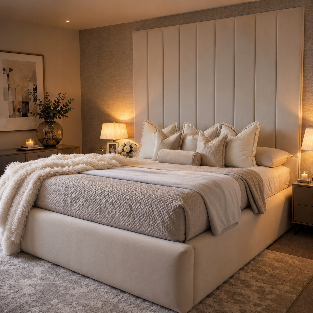 Luxury upholstered bed with tall panel headboard, plush pillows, and cozy throws in neutral tones