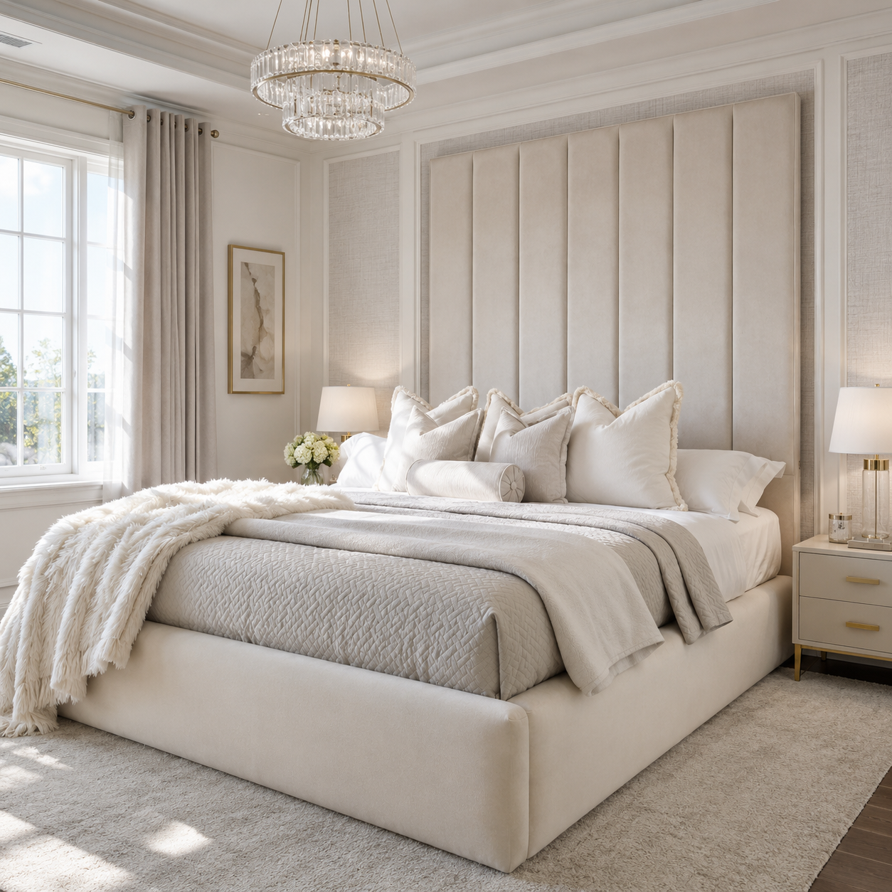 Luxury beige upholstered bed with tufted headboard, plush pillows, and crystal chandelier in elegant bedroom