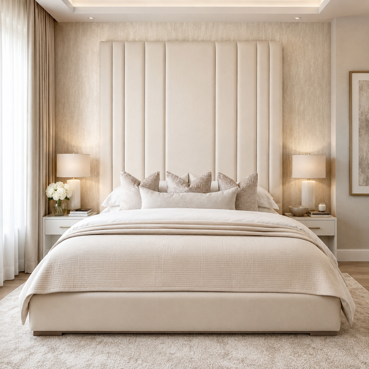 Luxury beige upholstered bed with tufted headboard, neutral bedding, and matching nightstands in modern bedroom
