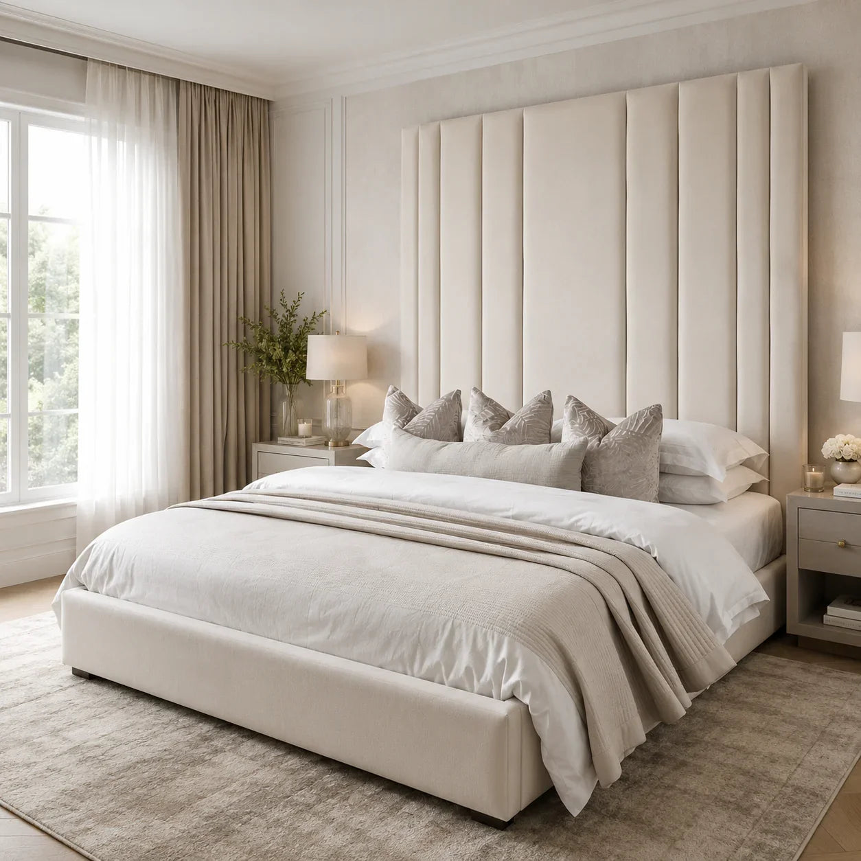 Luxury upholstered bed with tall tufted headboard, neutral bedding, and bedside tables in a bright bedroom