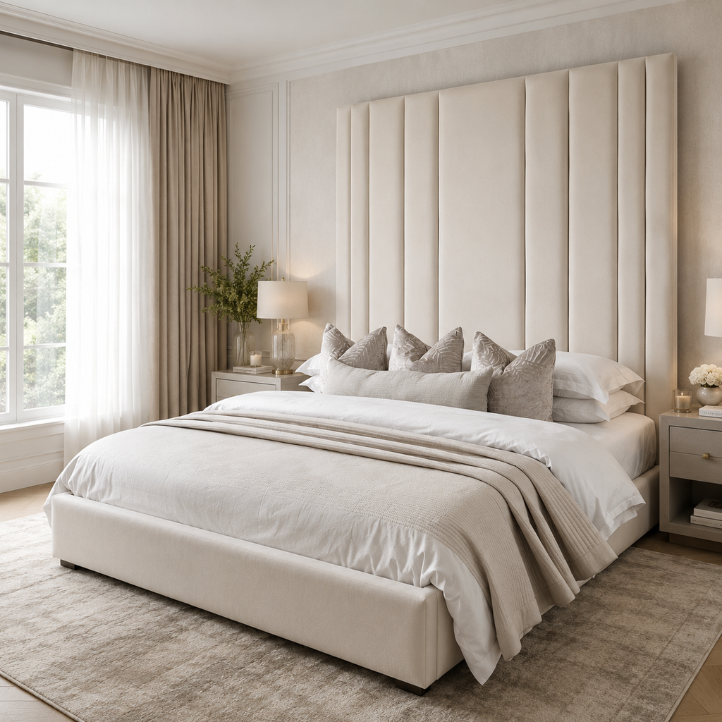 Luxury upholstered bed with tall tufted headboard in neutral tones, styled with plush pillows and bedding for a serene bedroom.