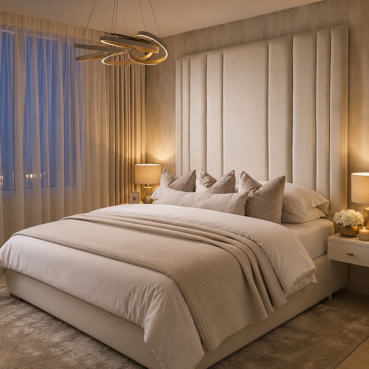 Luxury upholstered bed with tufted headboard, neutral bedding, and modern pendant light in cozy bedroom