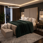 Luxury bed with tufted headboard, green quilt, and modern bedside lamps in a chic bedroom