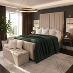 Luxury upholstered bed with tufted headboard, green throw, and matching bench in modern bedroom