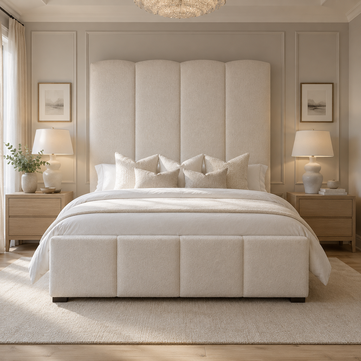 Luxury upholstered bed with tufted headboard in neutral tones, styled with matching bedding and bedside lamps.