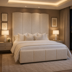 Luxury upholstered bed with tufted headboard and matching footboard in modern bedroom setting